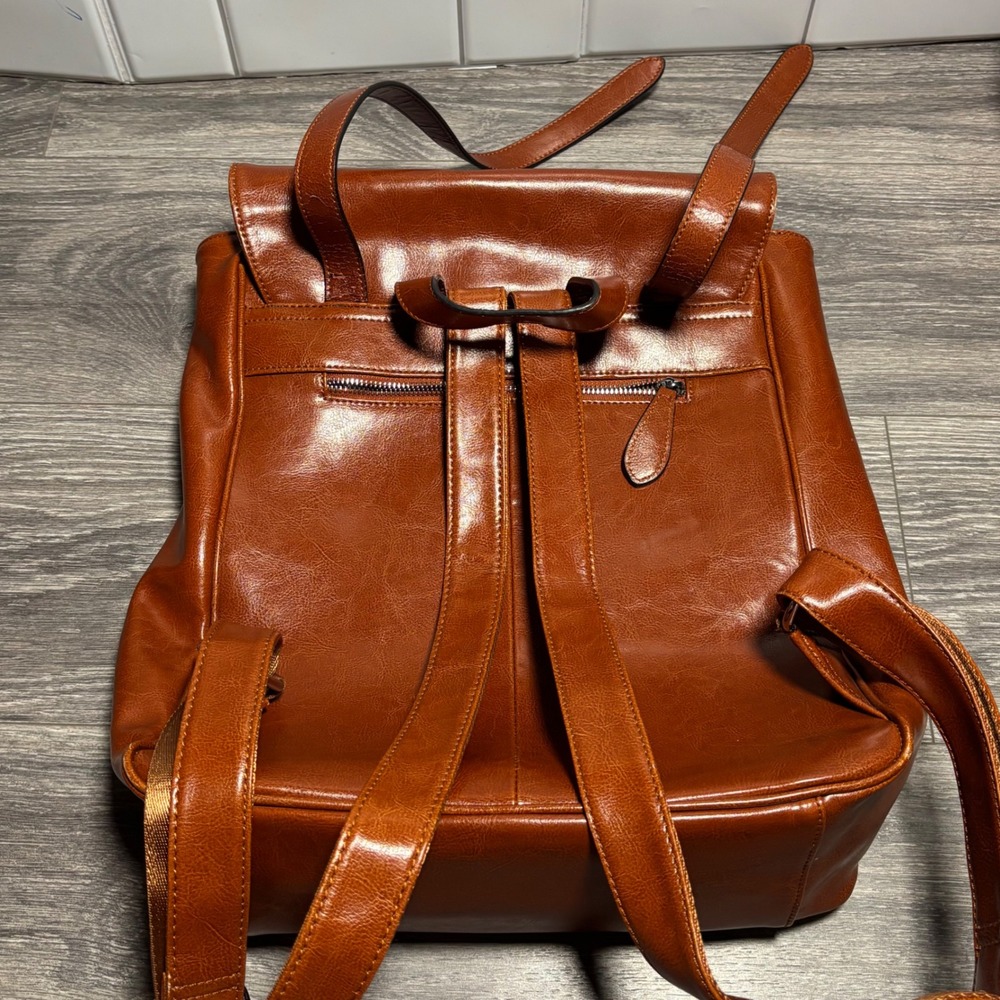 Iswee Cognac Brown Leather Laptop Backpack Unisex Flapover Satchel Bag 14 Inch - Picture 13 of 16
